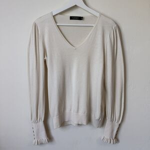 Lauren Ralph Lauren Womens M Button Ruffle Sleeve Sweater Money Yacht Holidays